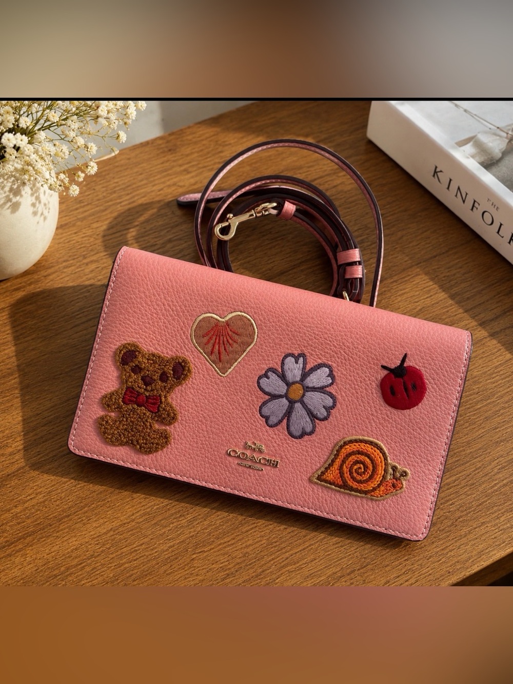 Coach Pink Leather Crossbody Wallet with Embroidered Patches